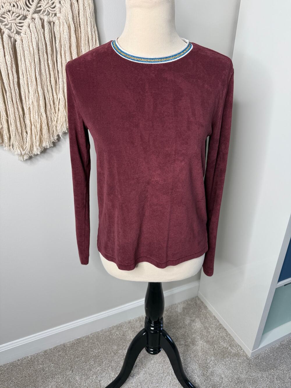 Revolve Goldie Tees Burgundy Terrycloth Metallic Trim Crew Neck Shirt XS